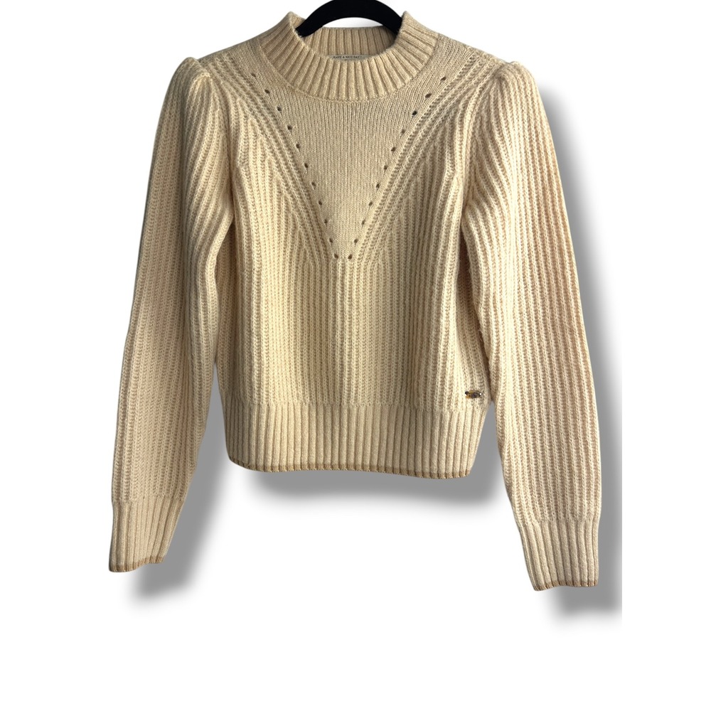 Scotch & Soda Ribbed Knit Sweater Womens XS Cream Puffed Sleeve Mock Neck 168910